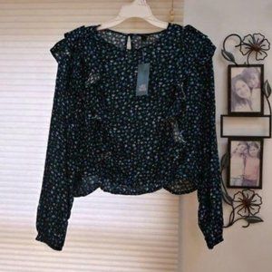 NWT Juniors Wild Fable Blue Floral Print Ruffle Blouse XS & XXL